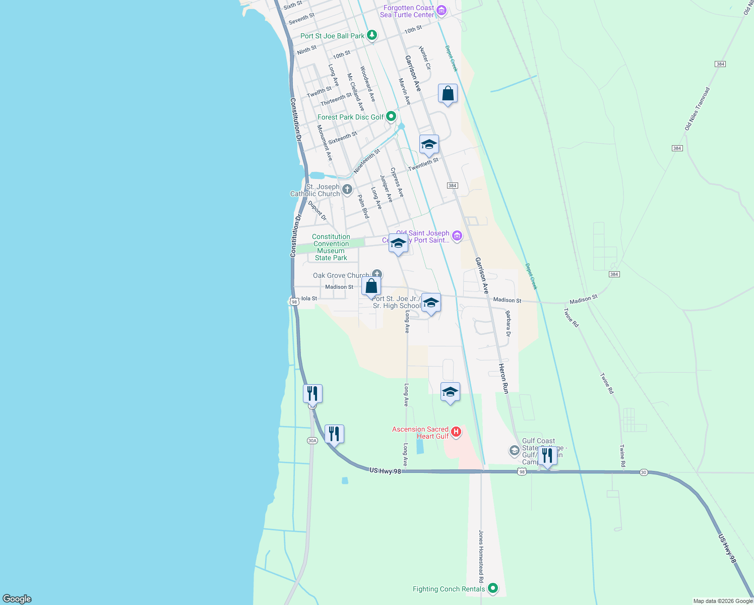 map of restaurants, bars, coffee shops, grocery stores, and more near 664 Maddox Street in Port Saint Joe