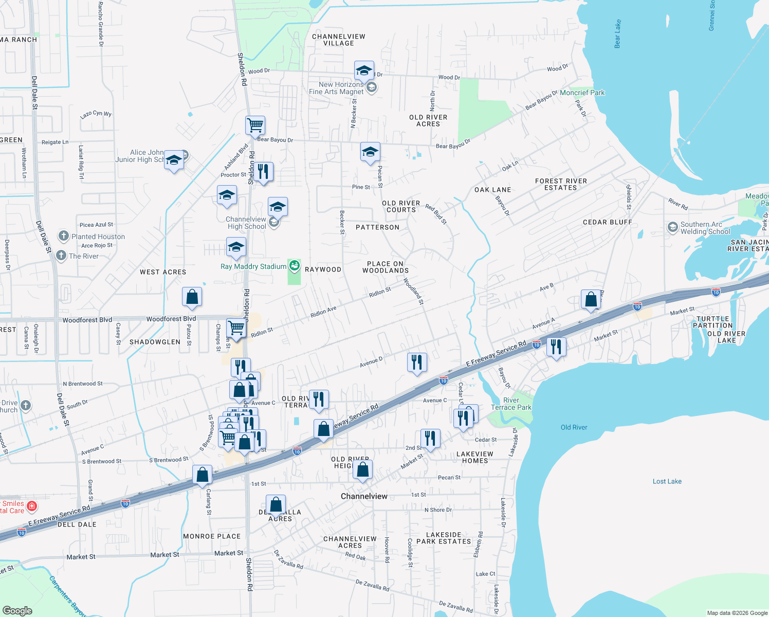 map of restaurants, bars, coffee shops, grocery stores, and more near 16128 Ridlon Street in Channelview