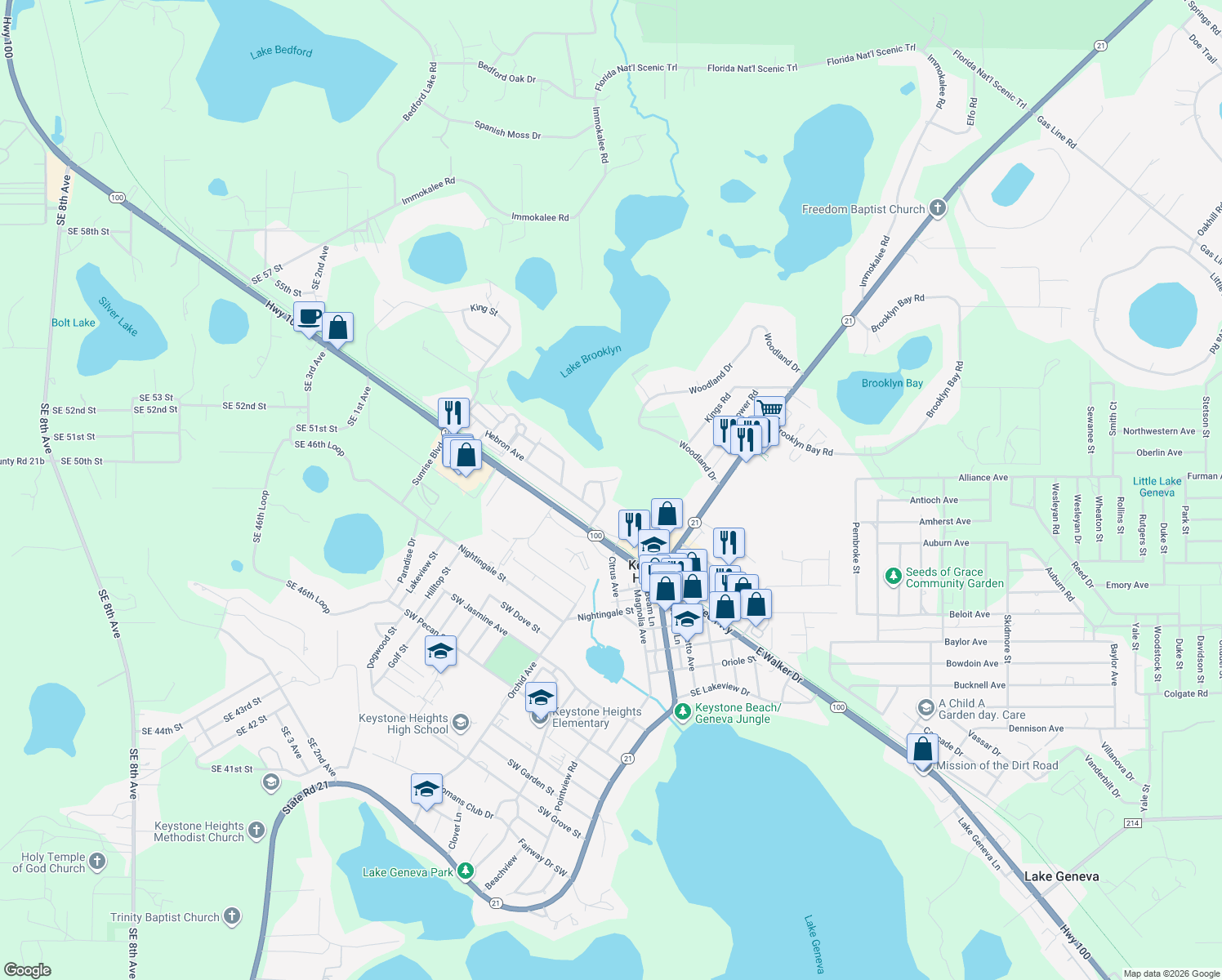 map of restaurants, bars, coffee shops, grocery stores, and more near 245 Northwest Berea Avenue in Keystone Heights
