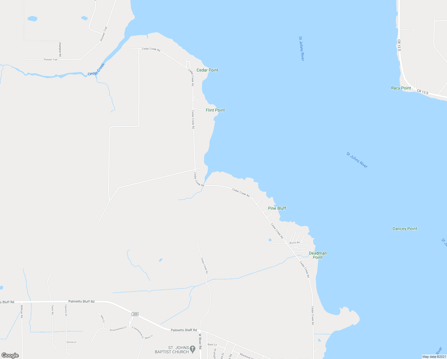 map of restaurants, bars, coffee shops, grocery stores, and more near 470 Cedar Creek Road in Palatka