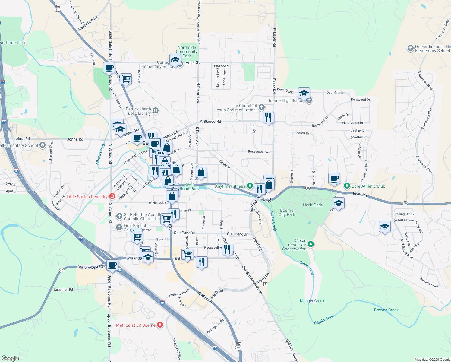 map of restaurants, bars, coffee shops, grocery stores, and more near 720 River Road in Boerne