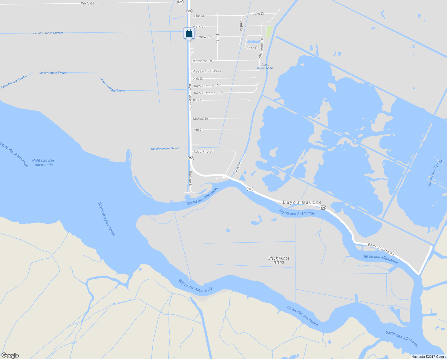map of restaurants, bars, coffee shops, grocery stores, and more near 264 Badeaux Lane in Des Allemands