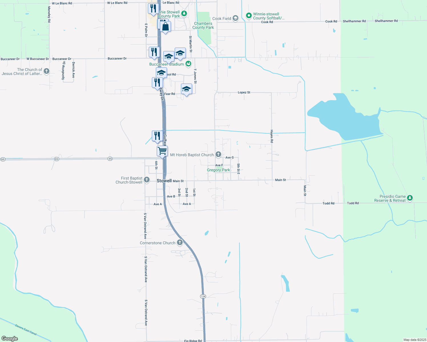 map of restaurants, bars, coffee shops, grocery stores, and more near 2422 Campbell Road in Winnie