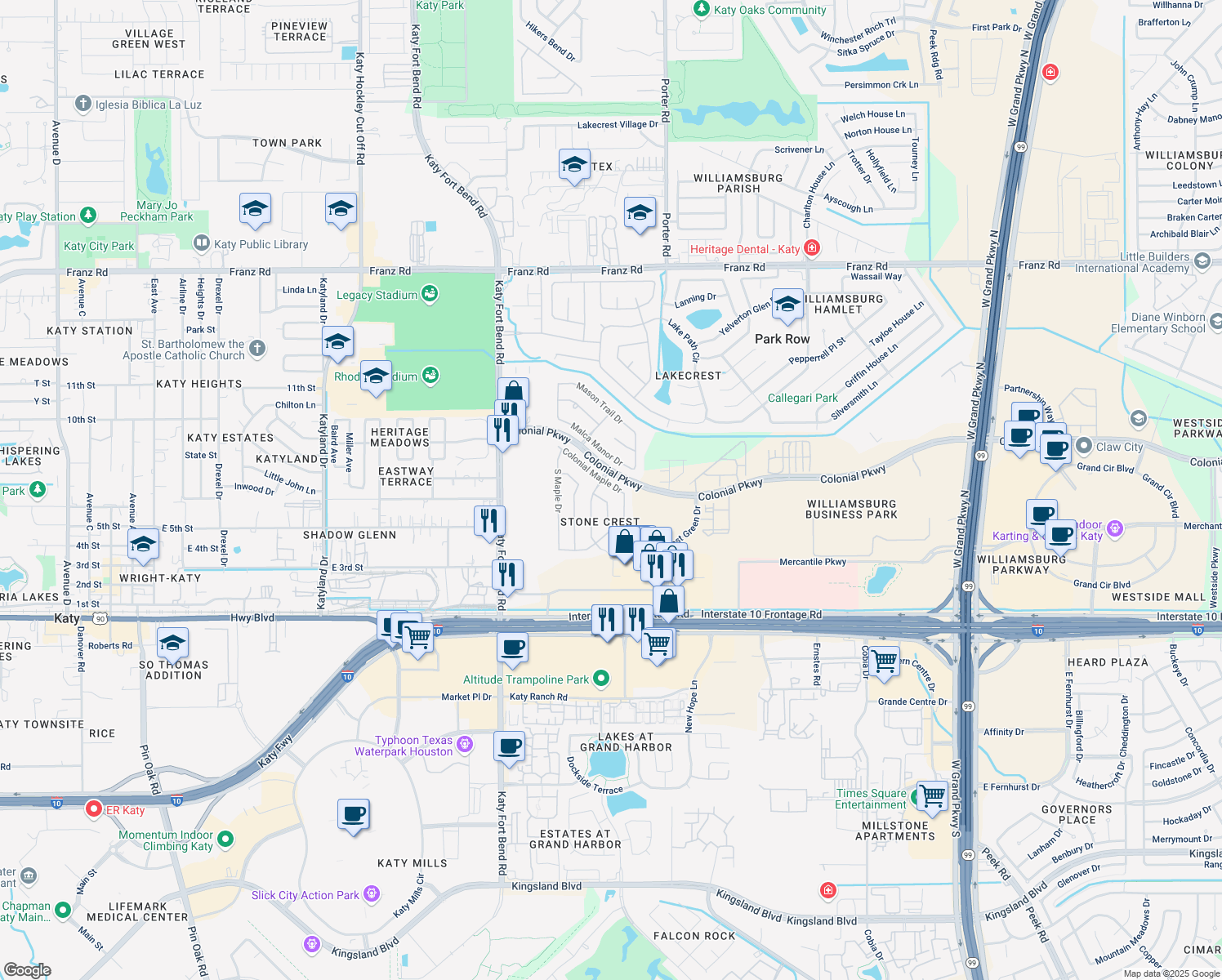 map of restaurants, bars, coffee shops, grocery stores, and more near 24623 Colonial Maple Drive in Katy