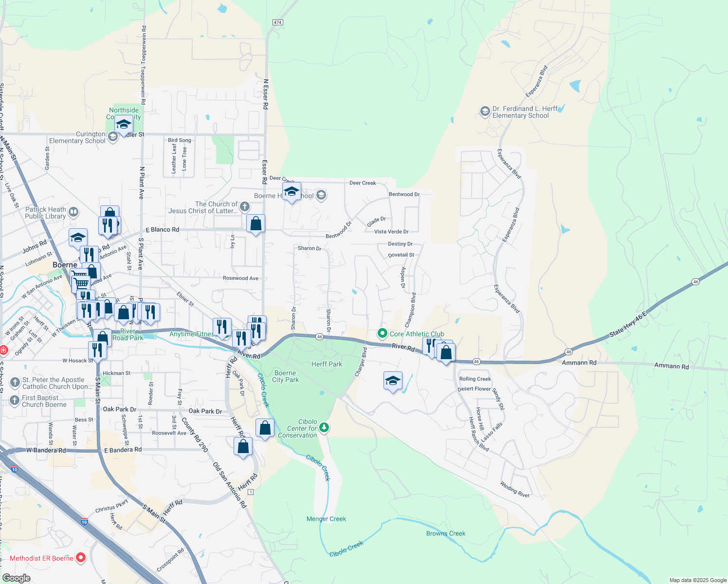 map of restaurants, bars, coffee shops, grocery stores, and more near 222 Woods of Boerne Boulevard in Boerne