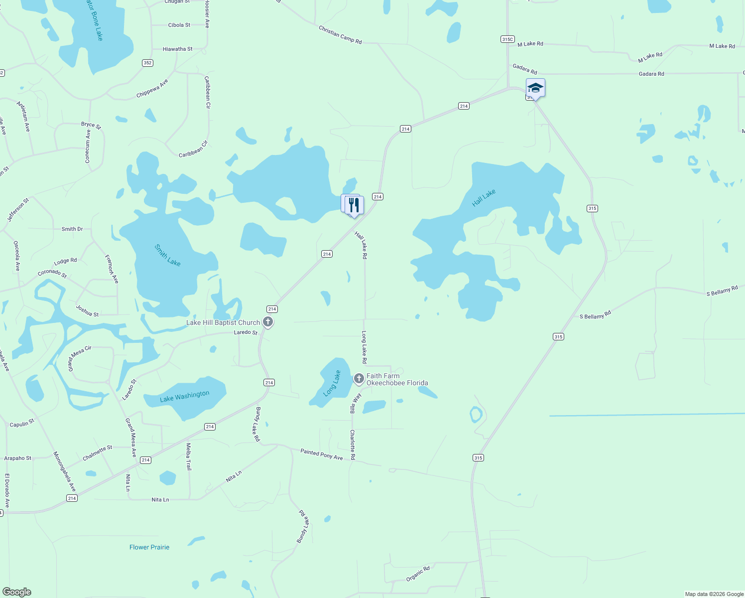 map of restaurants, bars, coffee shops, grocery stores, and more near 7489 Hall Lake Road in Keystone Heights