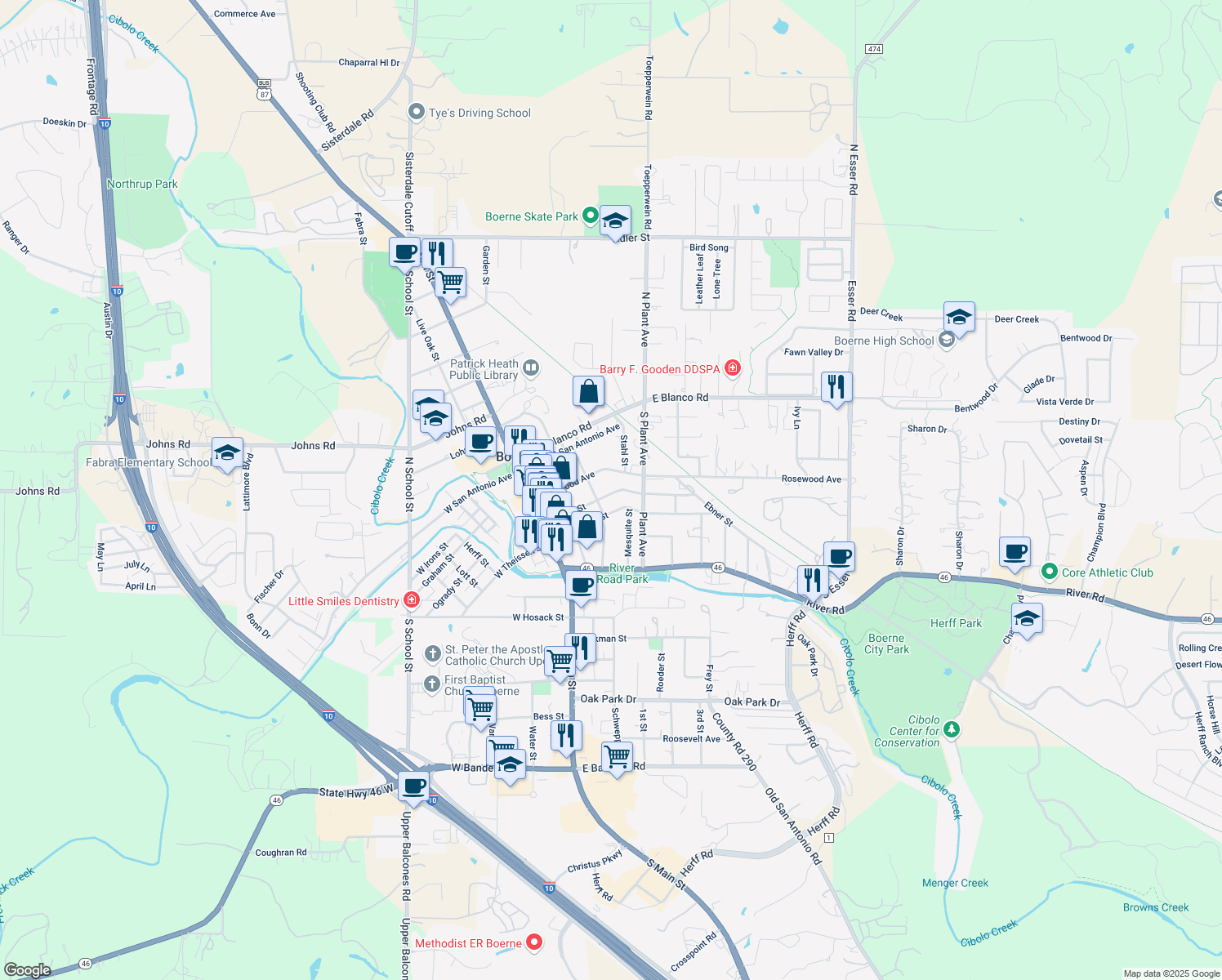 map of restaurants, bars, coffee shops, grocery stores, and more near 314 James Street in Boerne