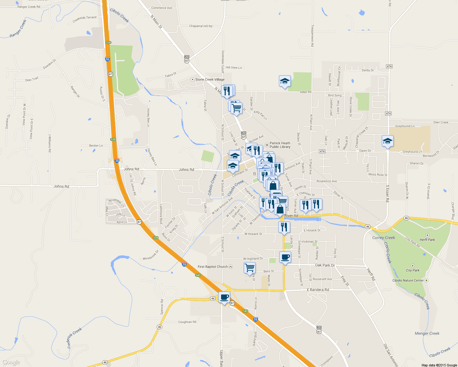 map of restaurants, bars, coffee shops, grocery stores, and more near 106 West Cibolo Drive in Boerne