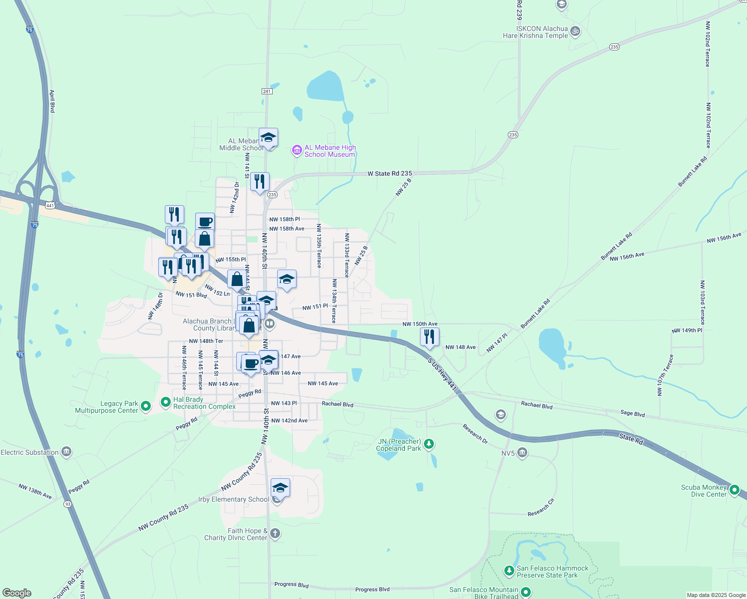 map of restaurants, bars, coffee shops, grocery stores, and more near 15201 Northwest 131st Terrace in Alachua
