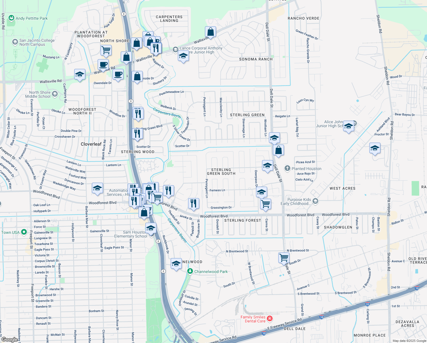 map of restaurants, bars, coffee shops, grocery stores, and more near 1046 Holbech Ln in Channelview