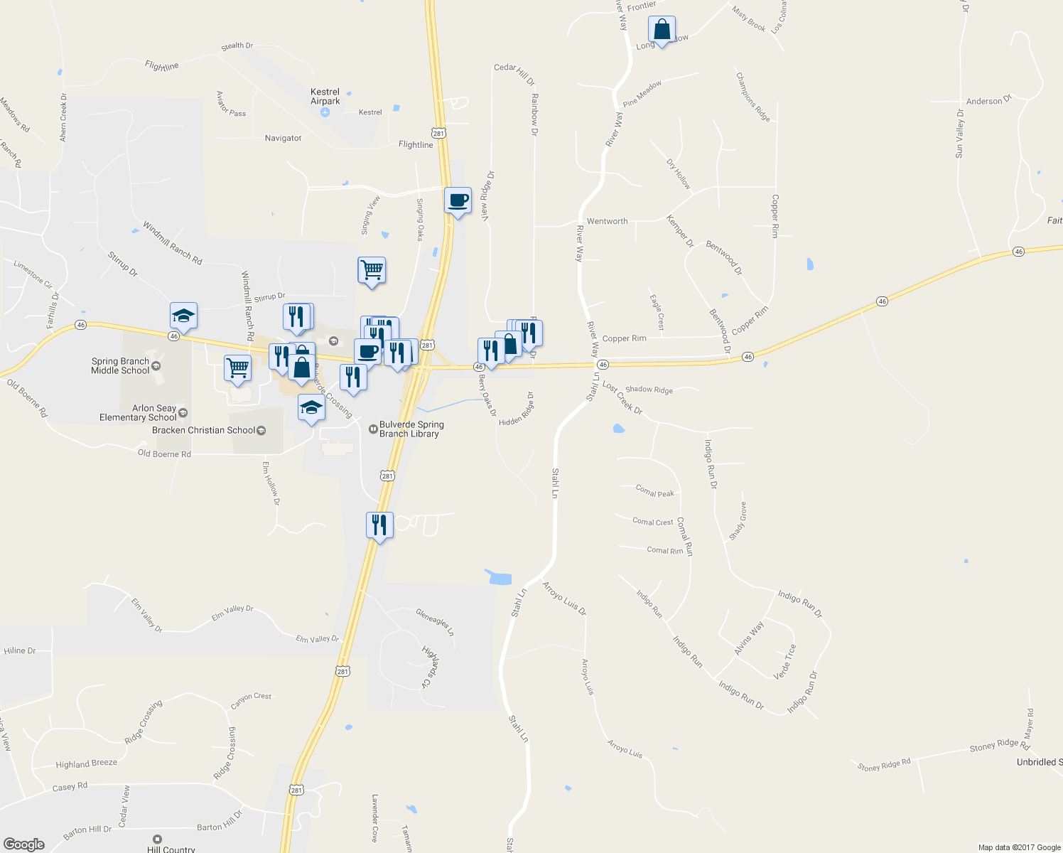map of restaurants, bars, coffee shops, grocery stores, and more near 204 Hidden Ridge Drive in Bulverde