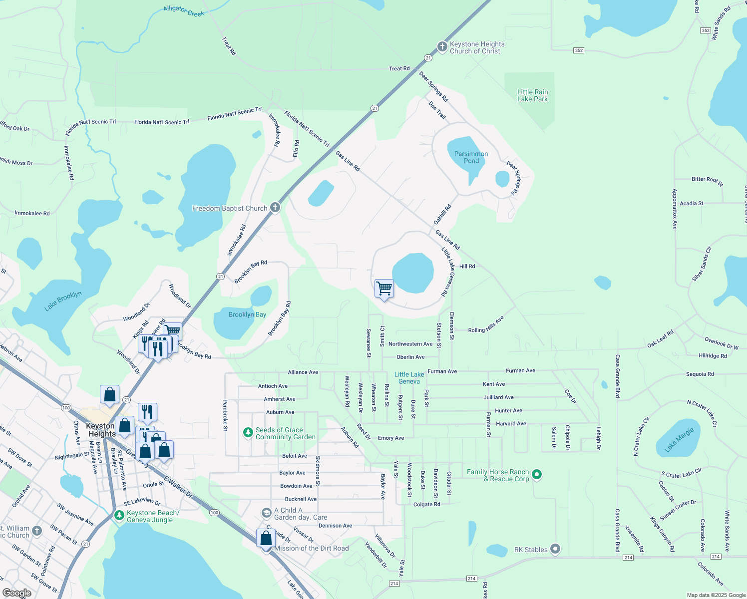 map of restaurants, bars, coffee shops, grocery stores, and more near 6264 Little Lake Geneva Road in Keystone Heights