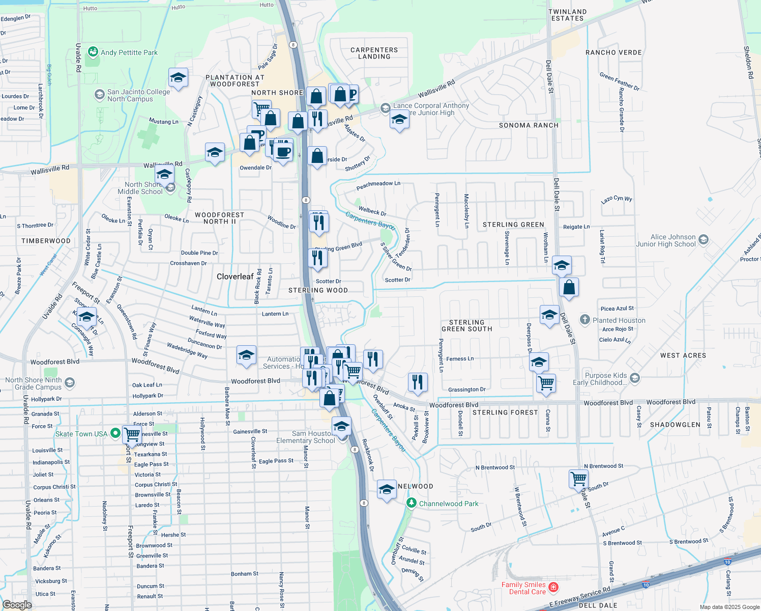 map of restaurants, bars, coffee shops, grocery stores, and more near 14903 Dunster Ln in Channelview