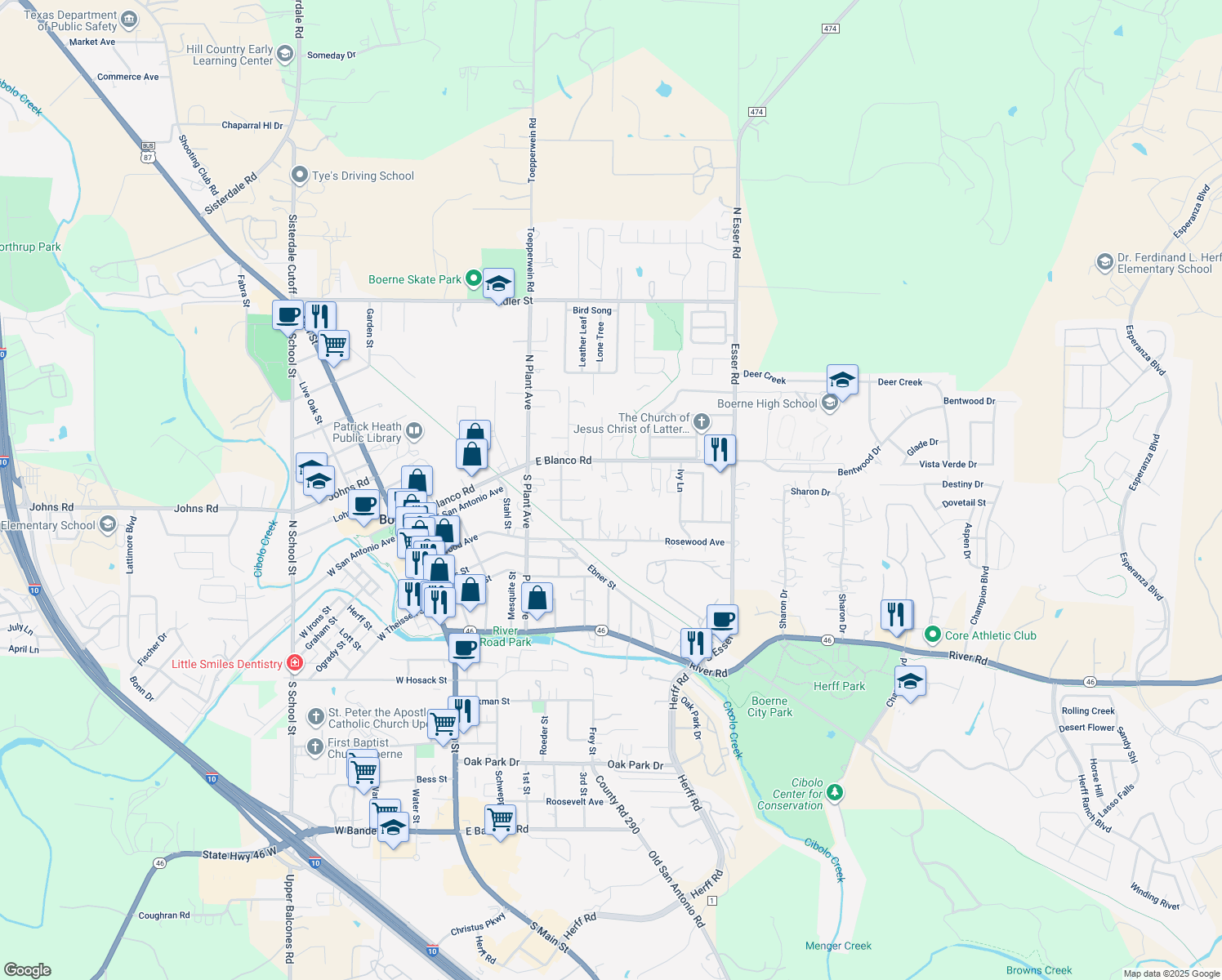 map of restaurants, bars, coffee shops, grocery stores, and more near 116 Village Cove in Boerne
