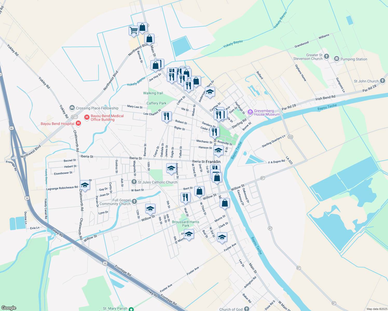 map of restaurants, bars, coffee shops, grocery stores, and more near 1010 3rd St in Franklin