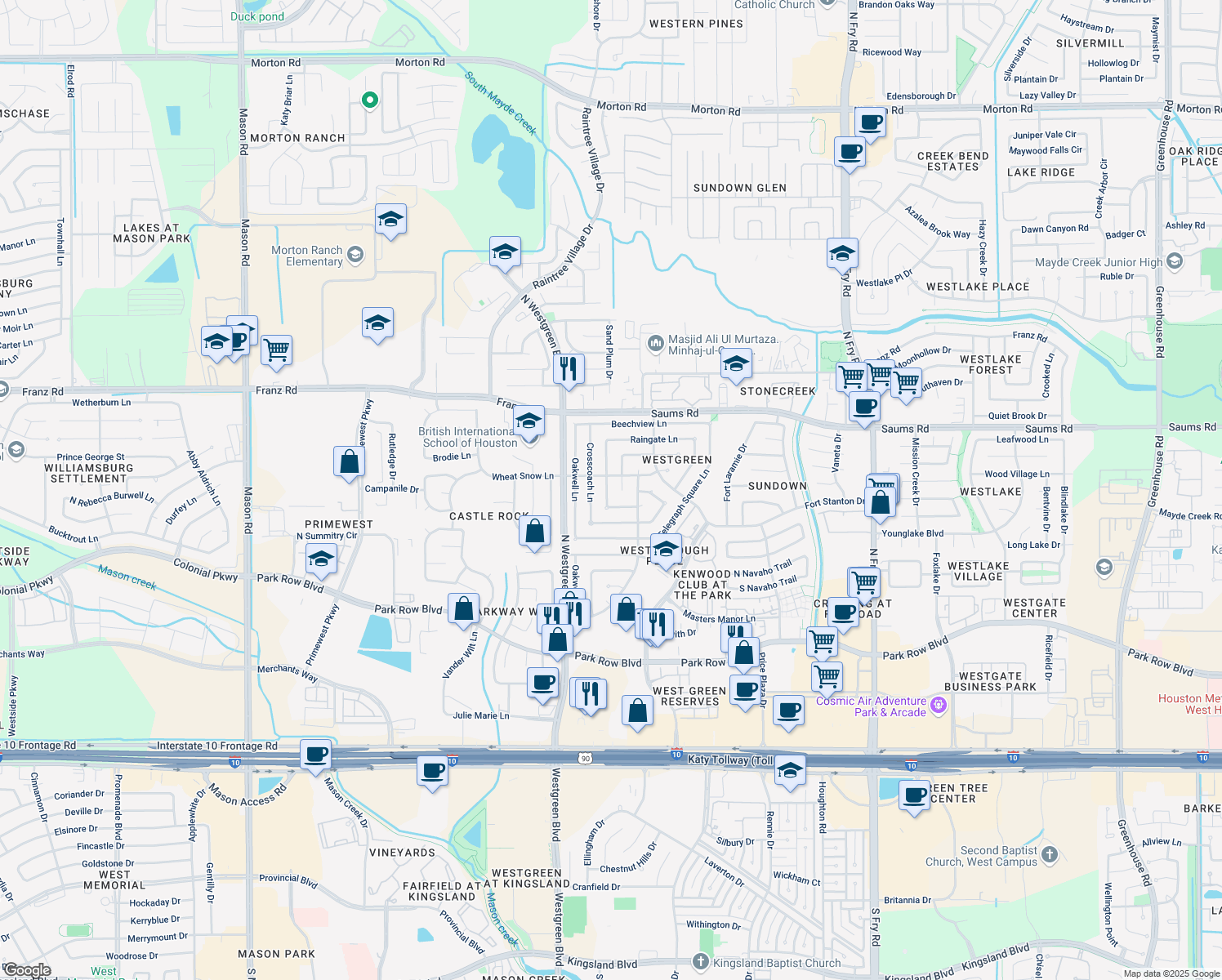 map of restaurants, bars, coffee shops, grocery stores, and more near 2022 Wheathall Camp Lane in Katy