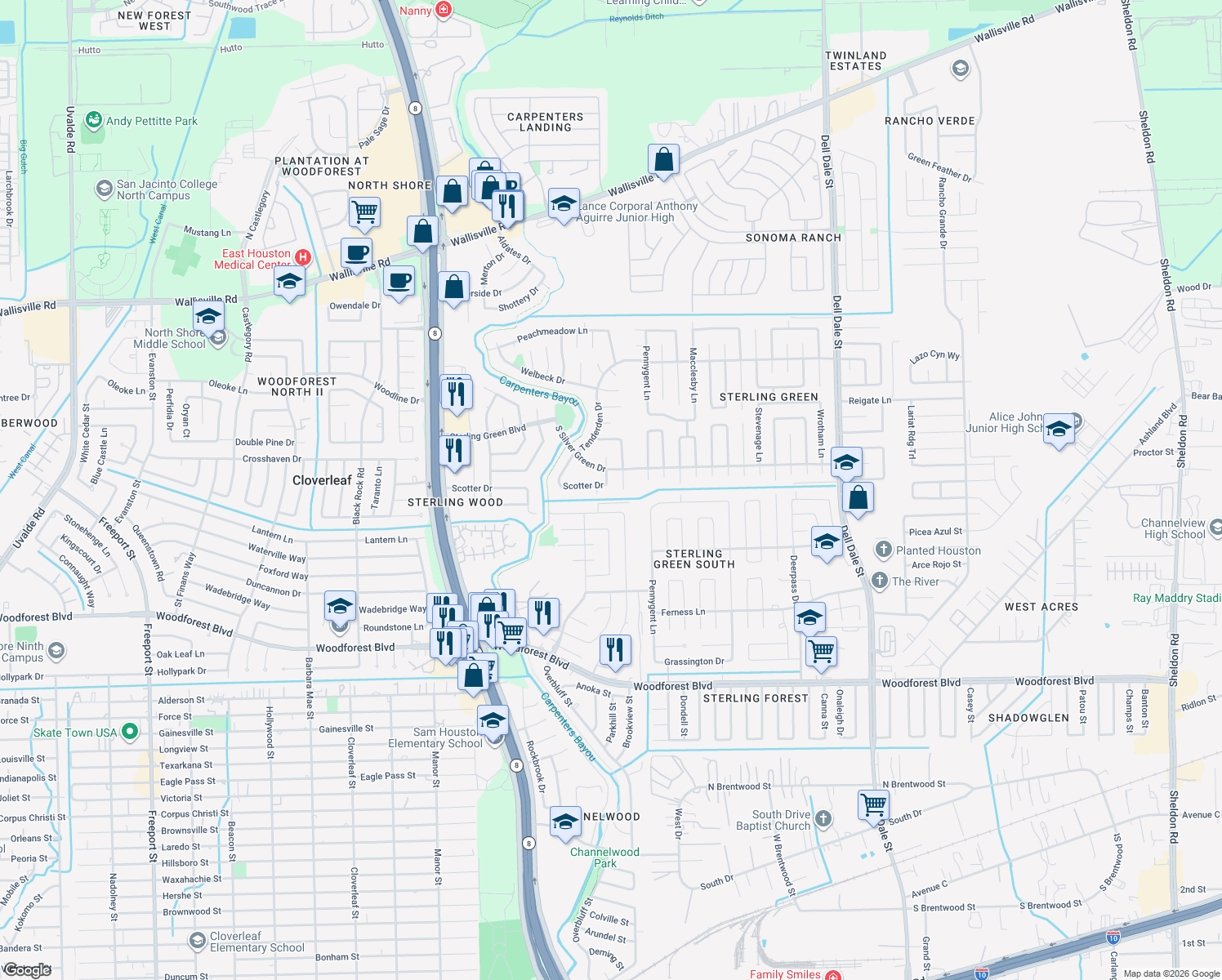 map of restaurants, bars, coffee shops, grocery stores, and more near 14958 Scotter Drive in Channelview