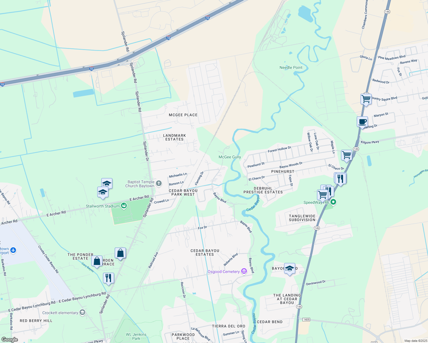 map of restaurants, bars, coffee shops, grocery stores, and more near 3606 Fleming Drive in Baytown