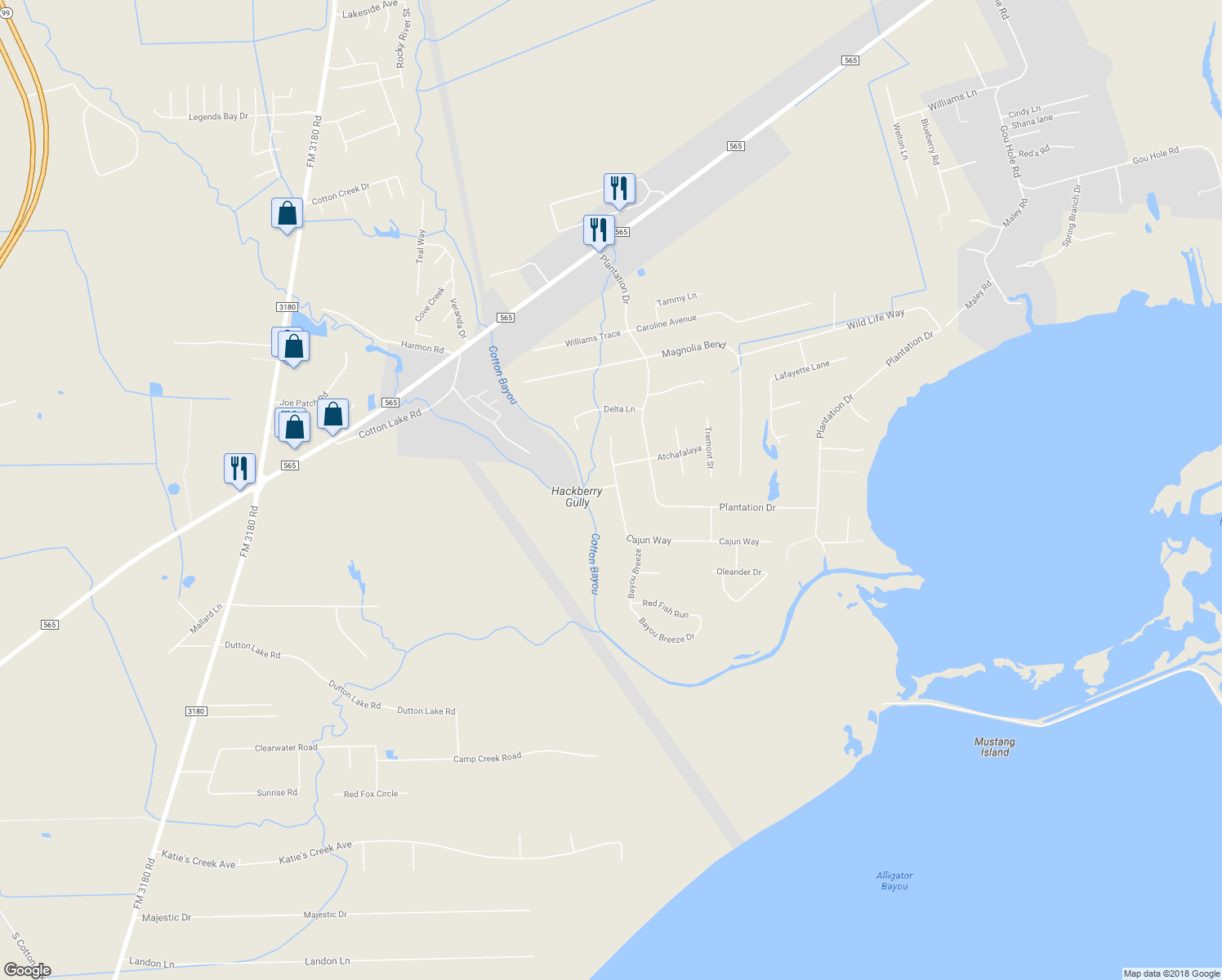 map of restaurants, bars, coffee shops, grocery stores, and more near 5874 Natchez Trce in Baytown