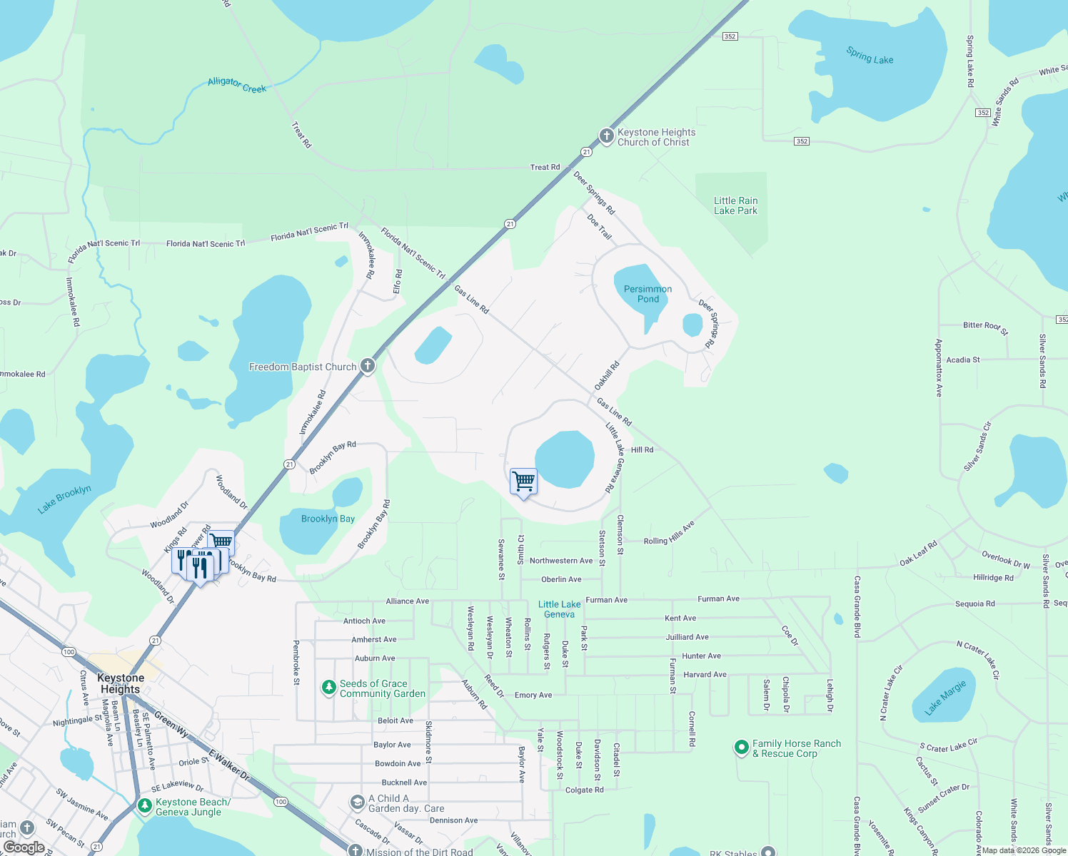 map of restaurants, bars, coffee shops, grocery stores, and more near 6203 Little Lake Geneva Road in Keystone Heights