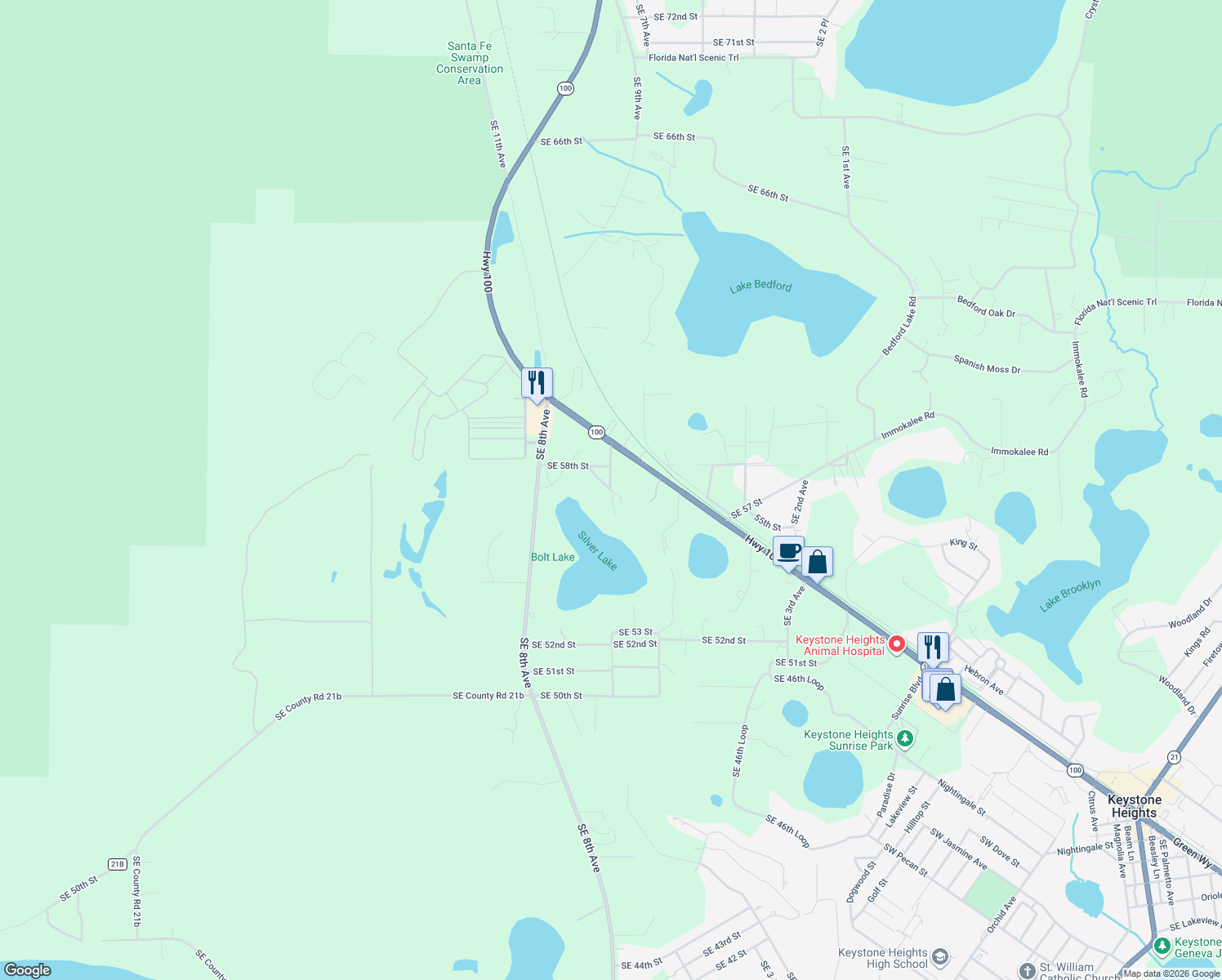 map of restaurants, bars, coffee shops, grocery stores, and more near Southeast 55th Trail in Keystone Heights