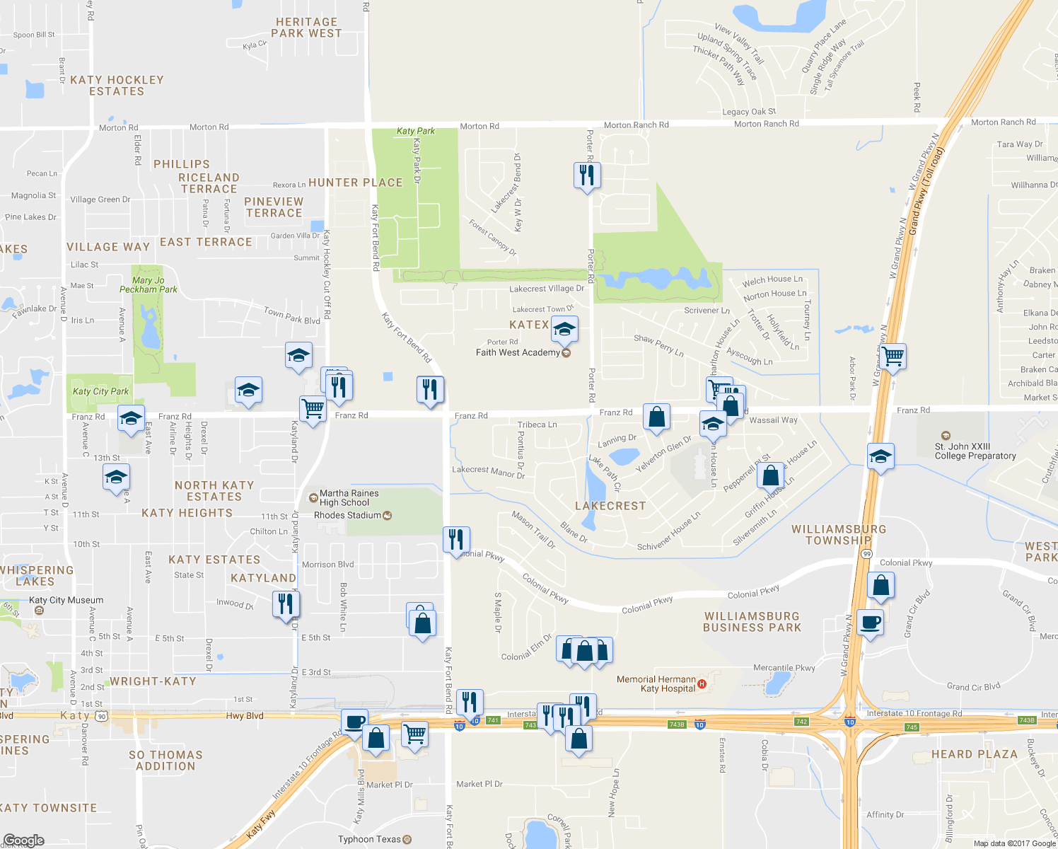 map of restaurants, bars, coffee shops, grocery stores, and more near 24802 Tribeca Ln in Katy