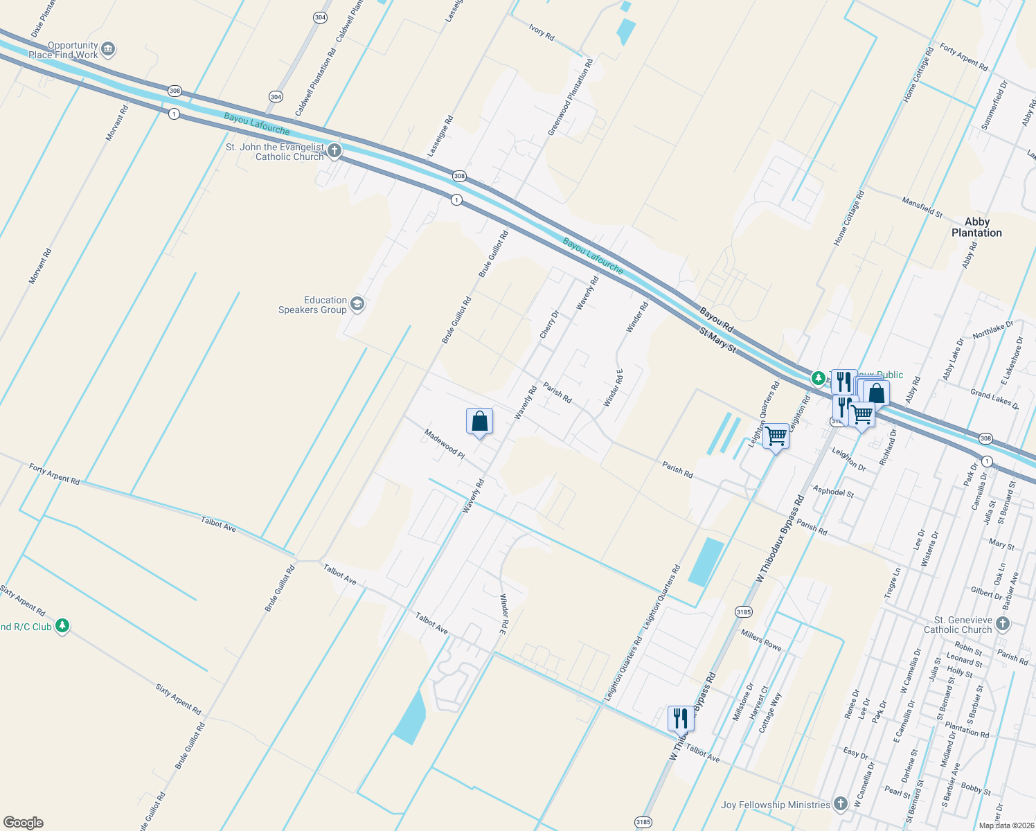 map of restaurants, bars, coffee shops, grocery stores, and more near 348 Waverly Rd in Thibodaux