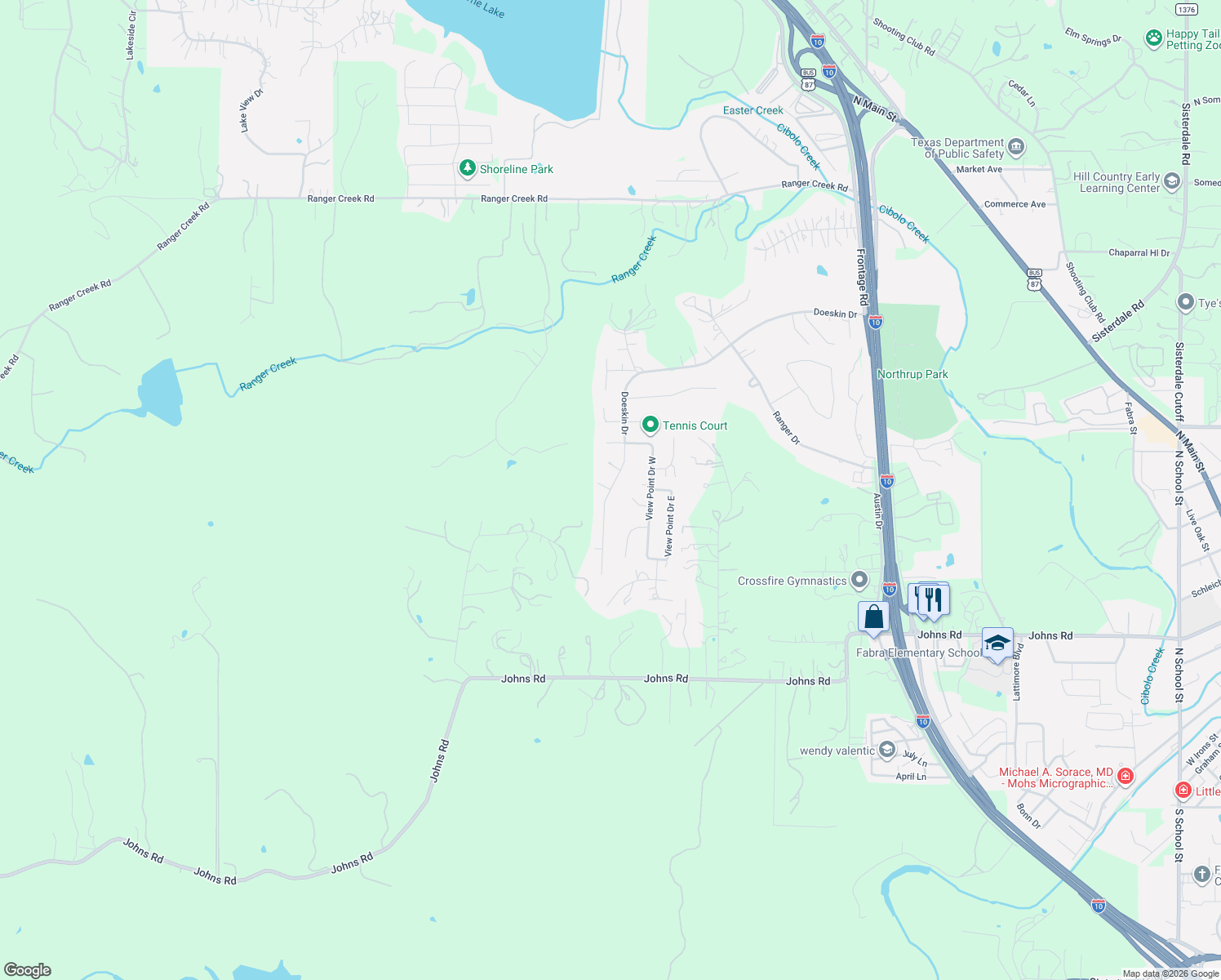 map of restaurants, bars, coffee shops, grocery stores, and more near 100 Robin Court in Boerne
