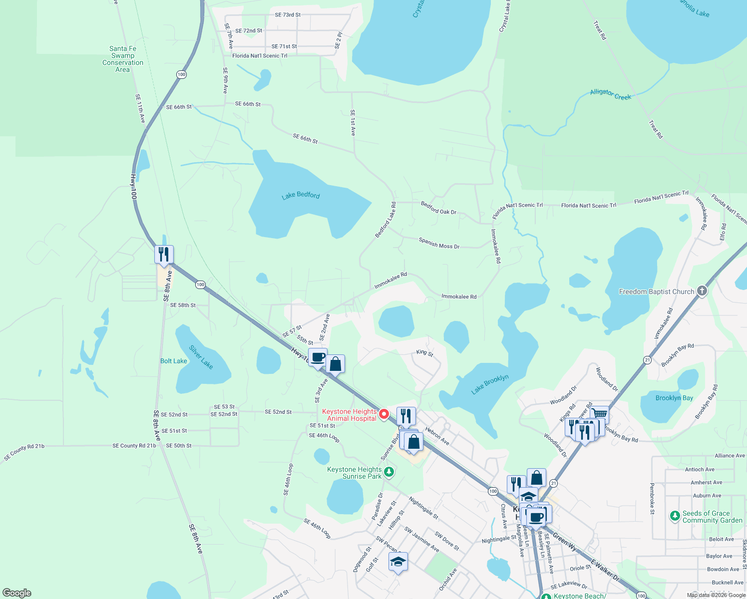 map of restaurants, bars, coffee shops, grocery stores, and more near 7117 Immokalee Road in Keystone Heights