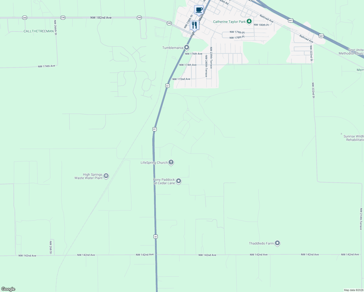 map of restaurants, bars, coffee shops, grocery stores, and more near 24528 Northwest 160 Avenue in High Springs