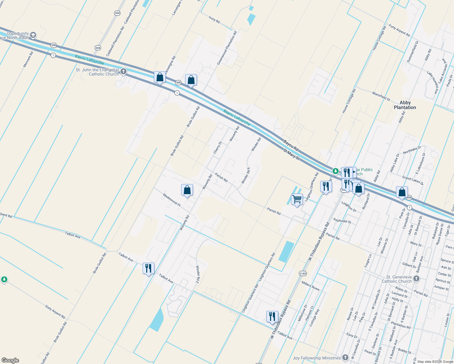 map of restaurants, bars, coffee shops, grocery stores, and more near 3101-3107 Parish Road in Thibodaux