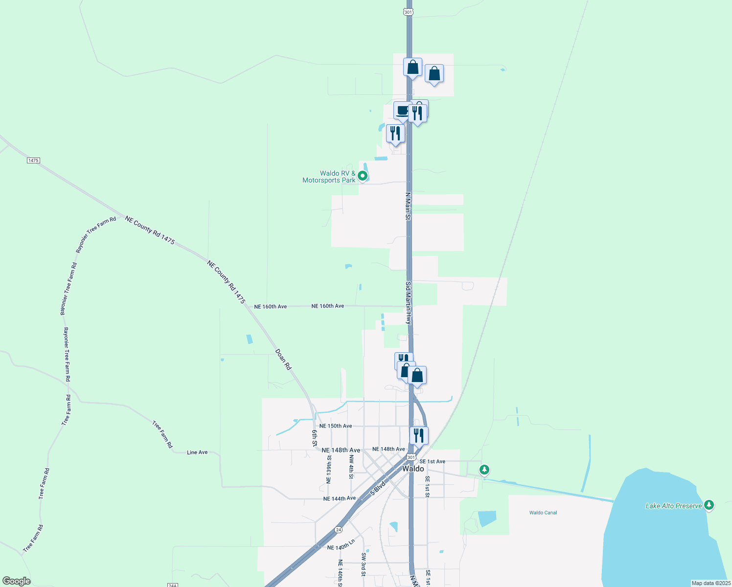 map of restaurants, bars, coffee shops, grocery stores, and more near 14208 Northeast 160th Avenue in Waldo