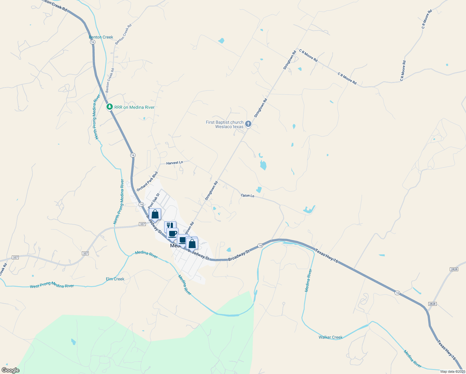 map of restaurants, bars, coffee shops, grocery stores, and more near 221 Caton Lane in Medina
