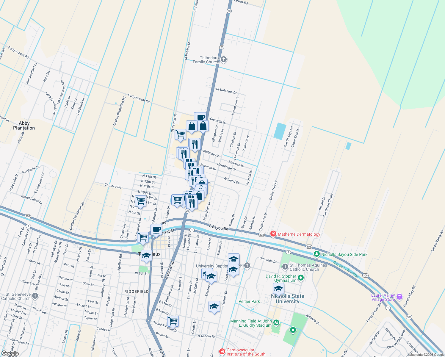 map of restaurants, bars, coffee shops, grocery stores, and more near 204 Ashland Dr in Thibodaux