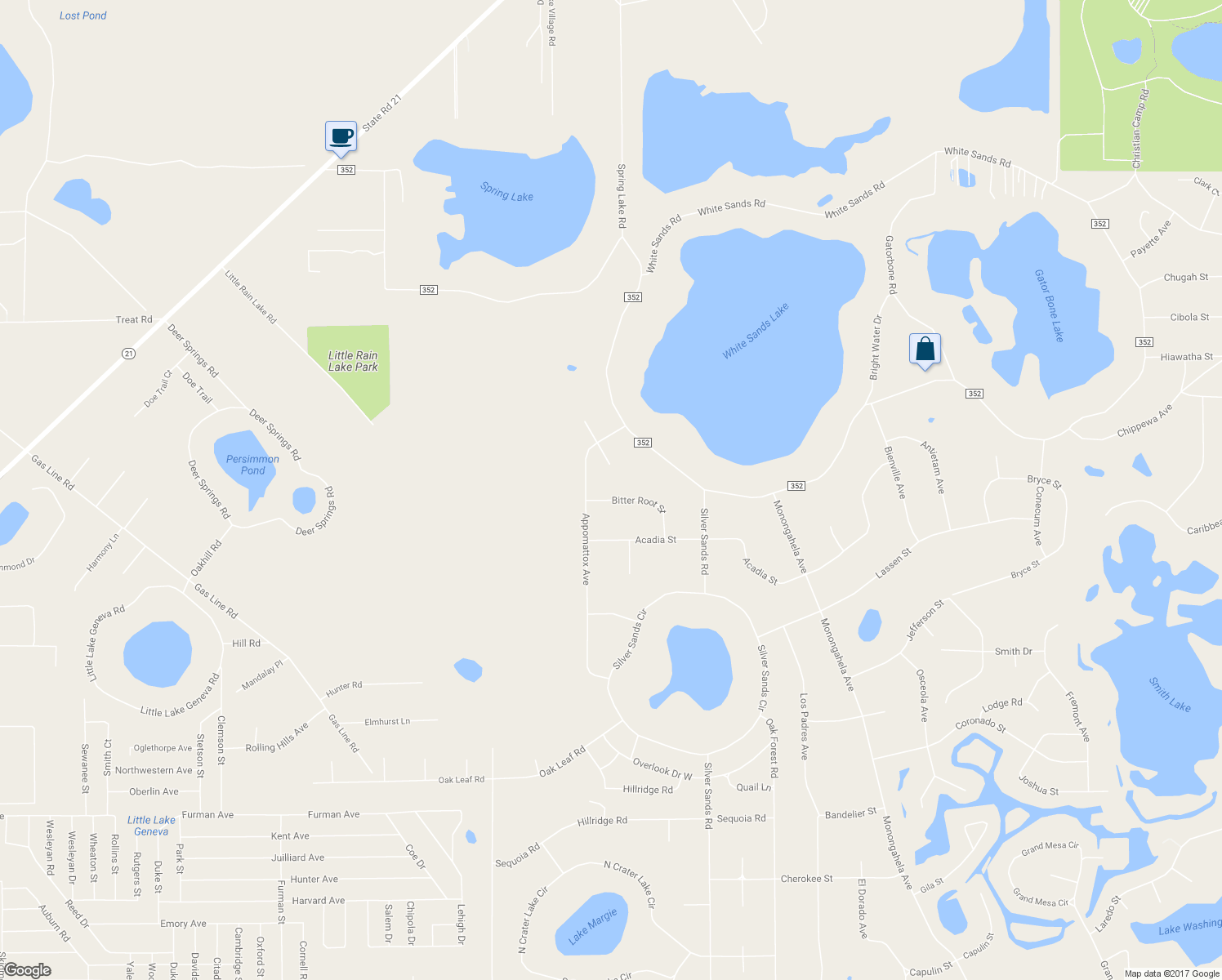 map of restaurants, bars, coffee shops, grocery stores, and more near 5800 Bitter Root Street in Keystone Heights