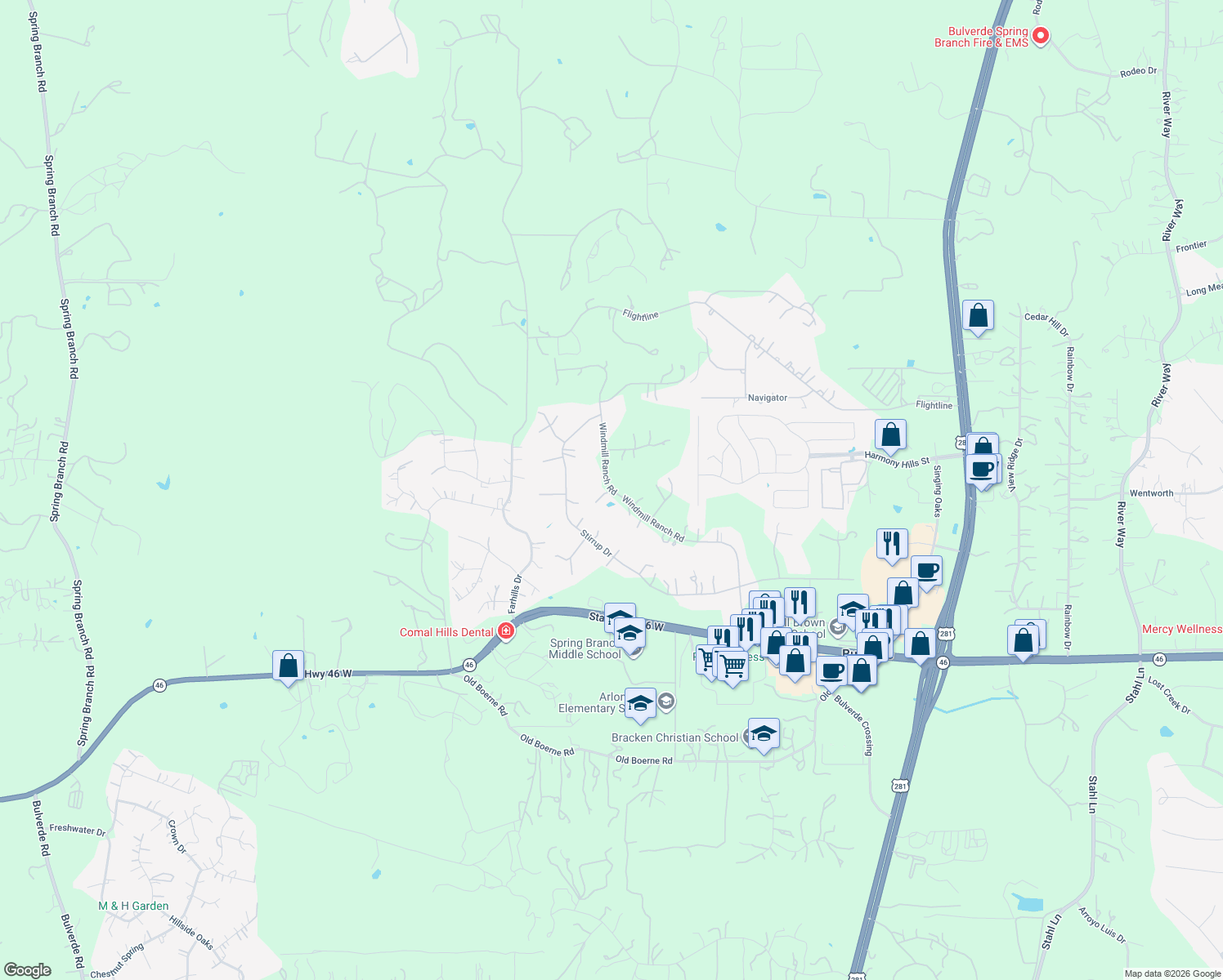 map of restaurants, bars, coffee shops, grocery stores, and more near 629 Windmill Ranch Road in Spring Branch
