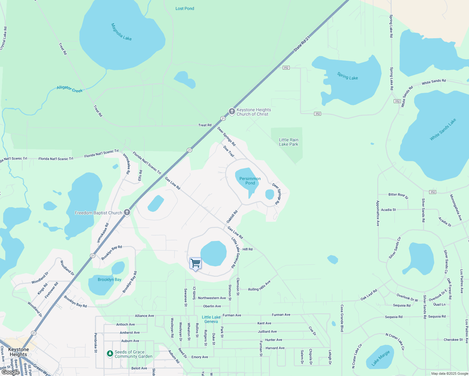 map of restaurants, bars, coffee shops, grocery stores, and more near 6986 Deer Springs Road in Keystone Heights