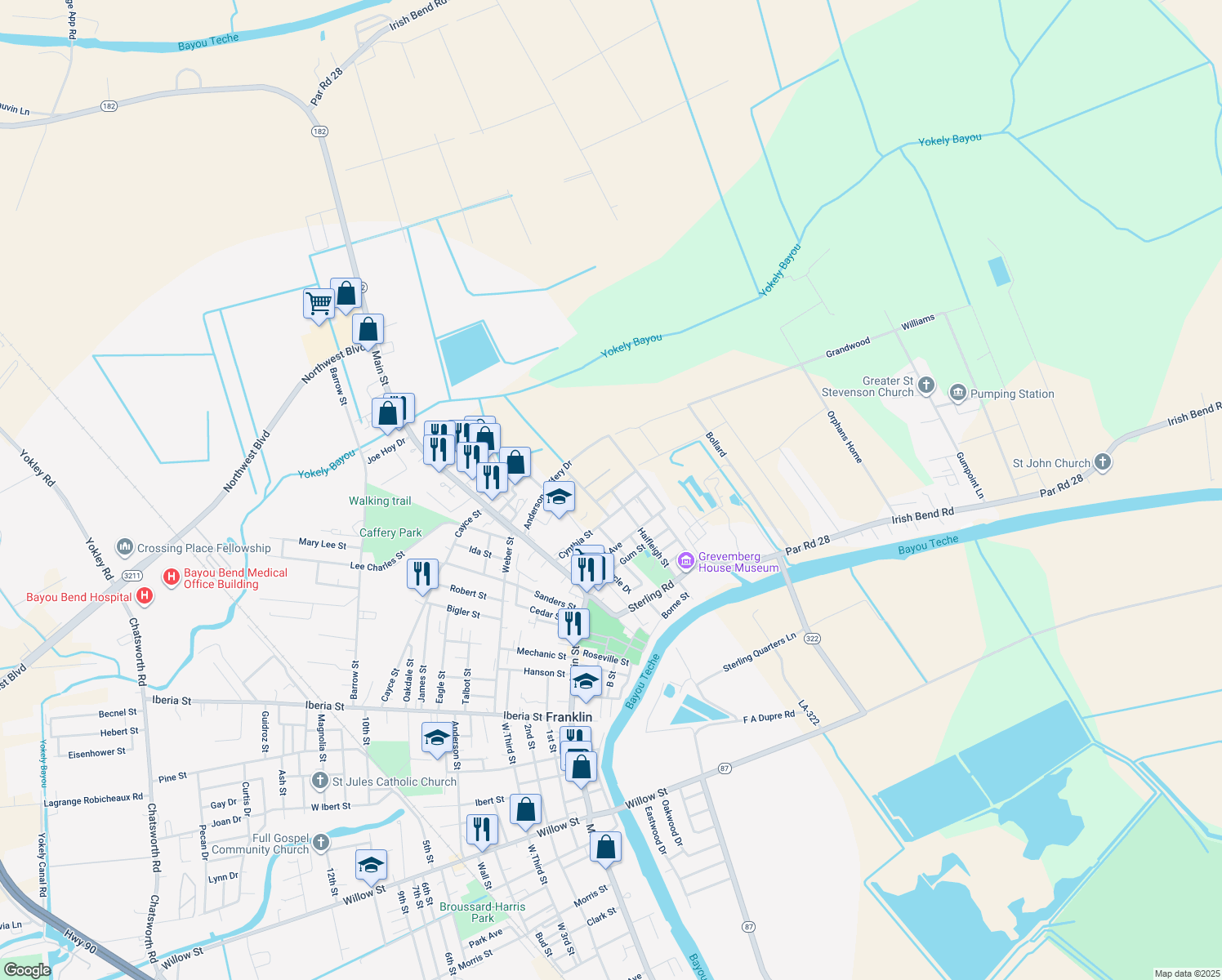 map of restaurants, bars, coffee shops, grocery stores, and more near 1612 Bethia St in Franklin