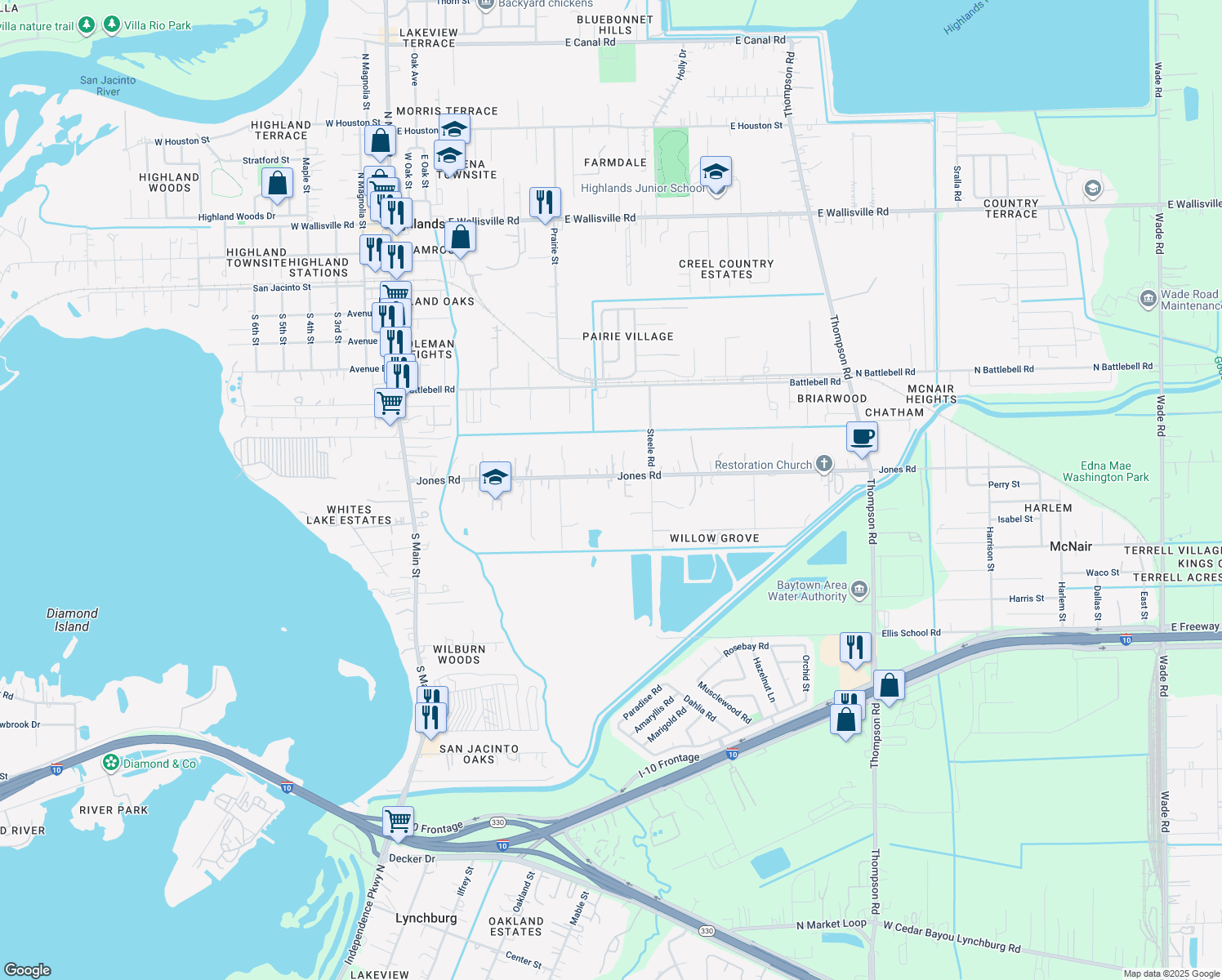 map of restaurants, bars, coffee shops, grocery stores, and more near 807 Jones Road in Highlands