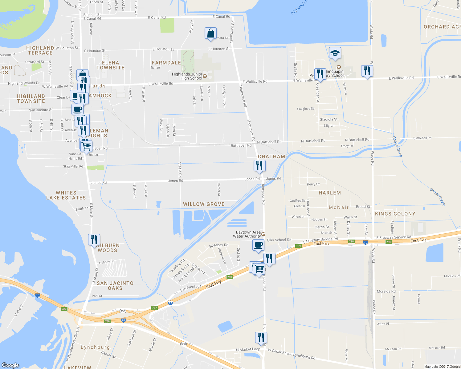 map of restaurants, bars, coffee shops, grocery stores, and more near 1501 Jones Road in Highlands