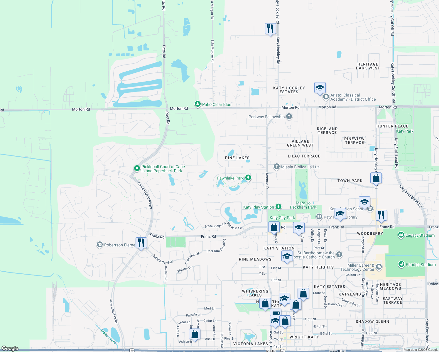 map of restaurants, bars, coffee shops, grocery stores, and more near 6217 North Fawnlake Drive in Katy