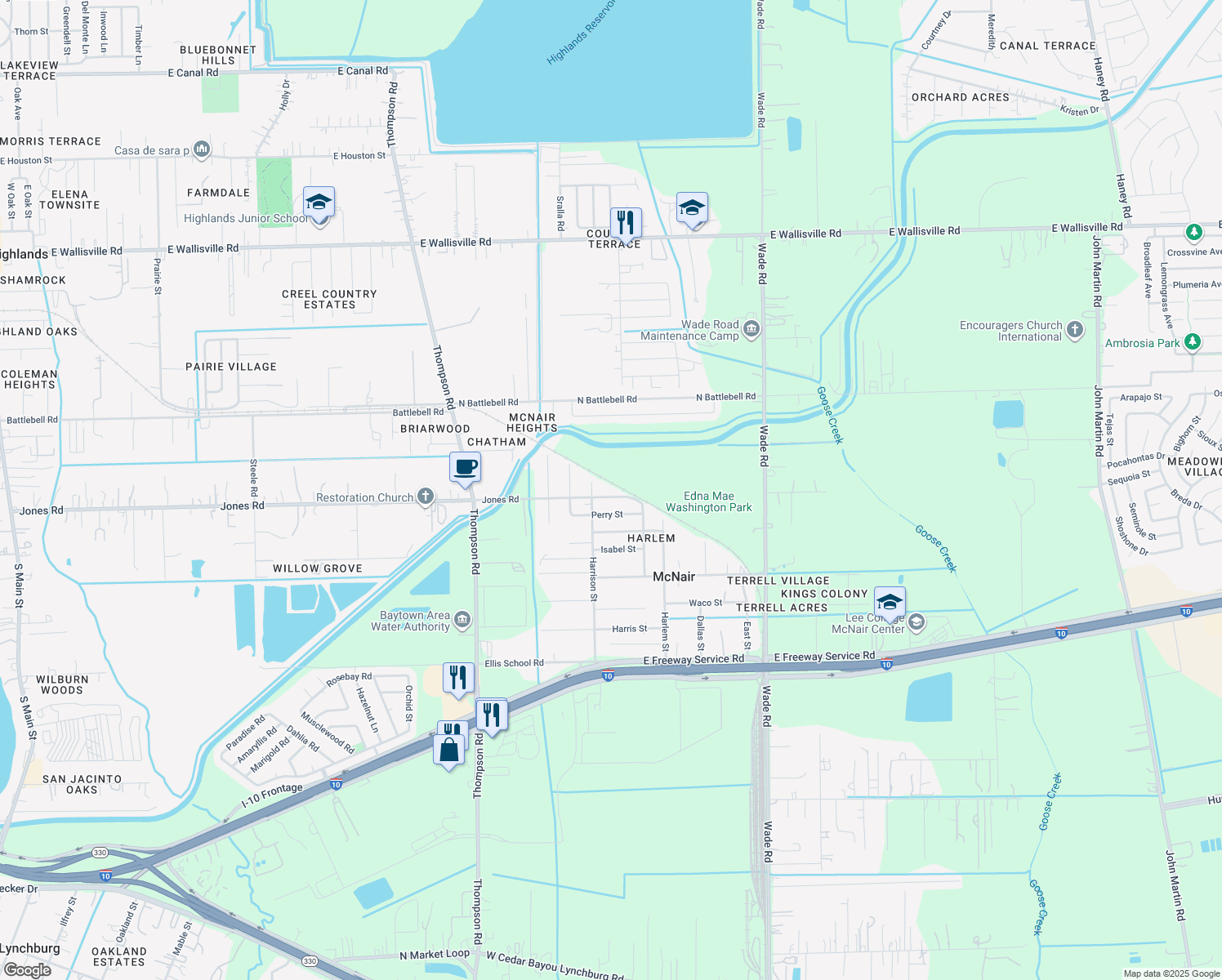 map of restaurants, bars, coffee shops, grocery stores, and more near 2323 Jones Road in Baytown