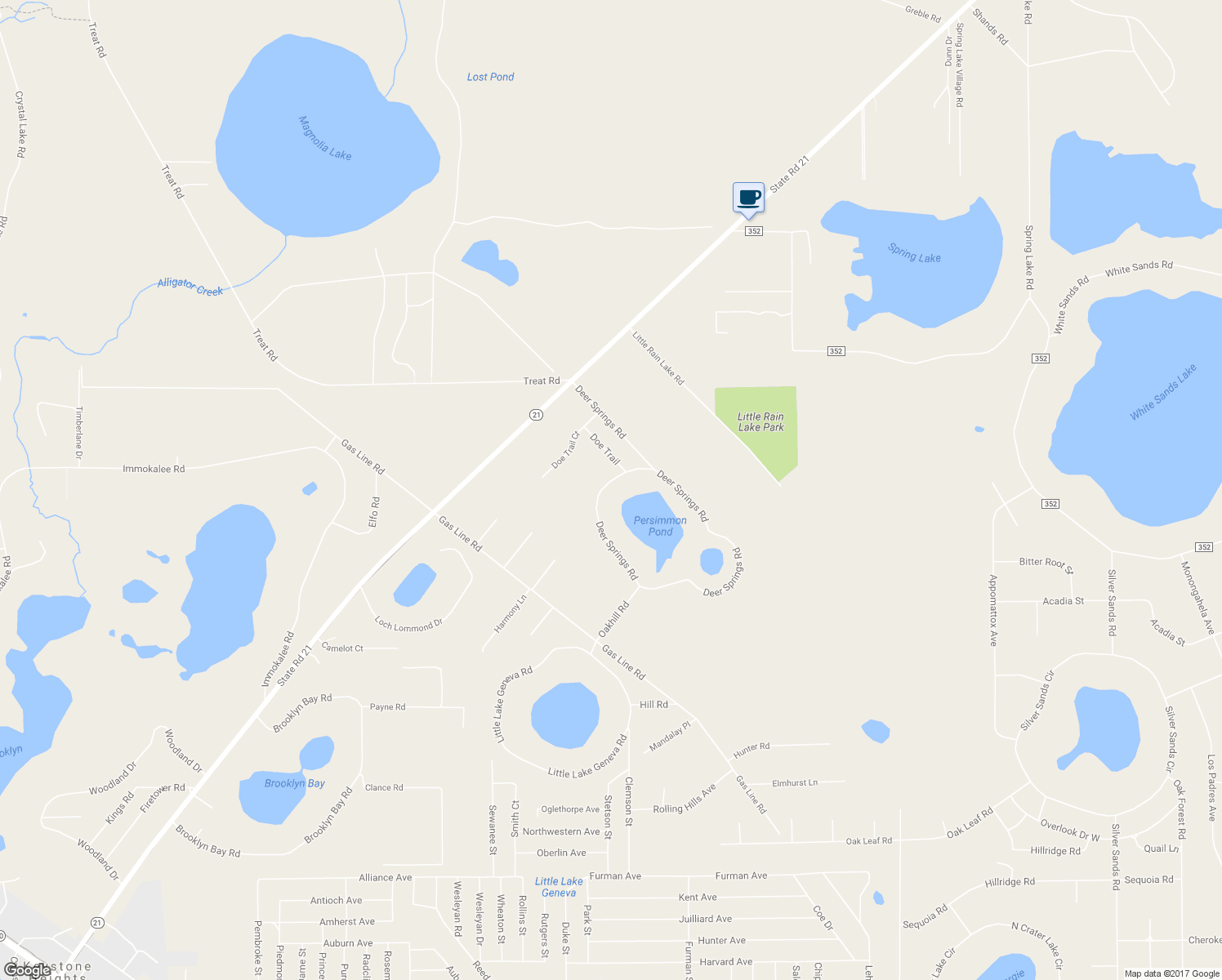 map of restaurants, bars, coffee shops, grocery stores, and more near 7030 Deer Springs Road in Keystone Heights