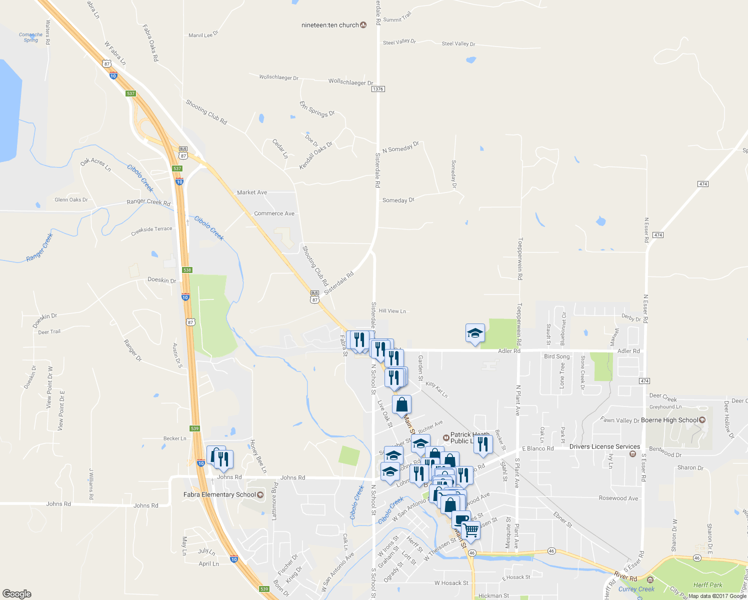 map of restaurants, bars, coffee shops, grocery stores, and more near 933 North School Street in Boerne