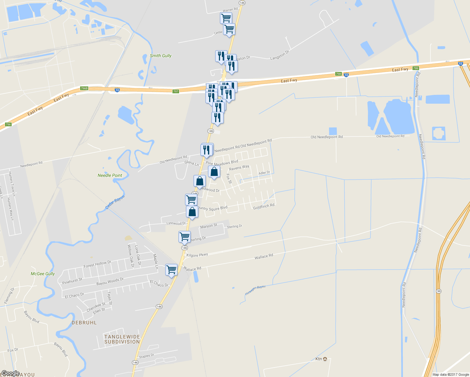 map of restaurants, bars, coffee shops, grocery stores, and more near 8022 Fox Street in Baytown