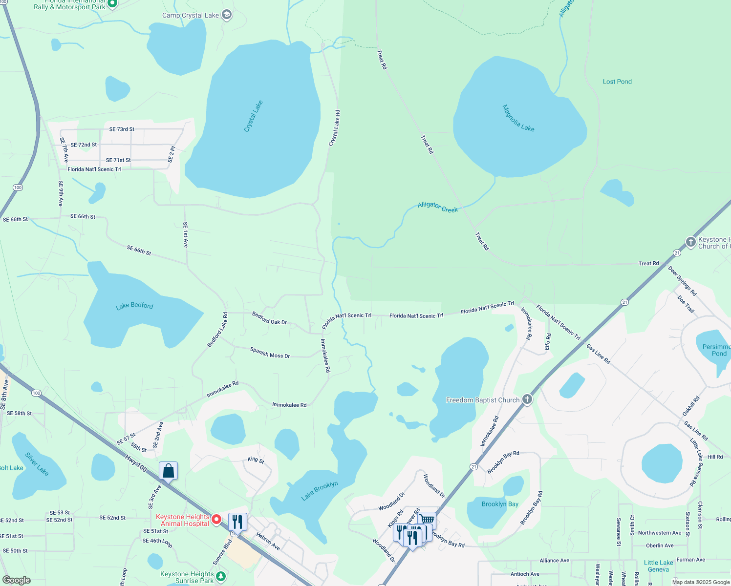 map of restaurants, bars, coffee shops, grocery stores, and more near 6784 Timberlane Drive in Keystone Heights