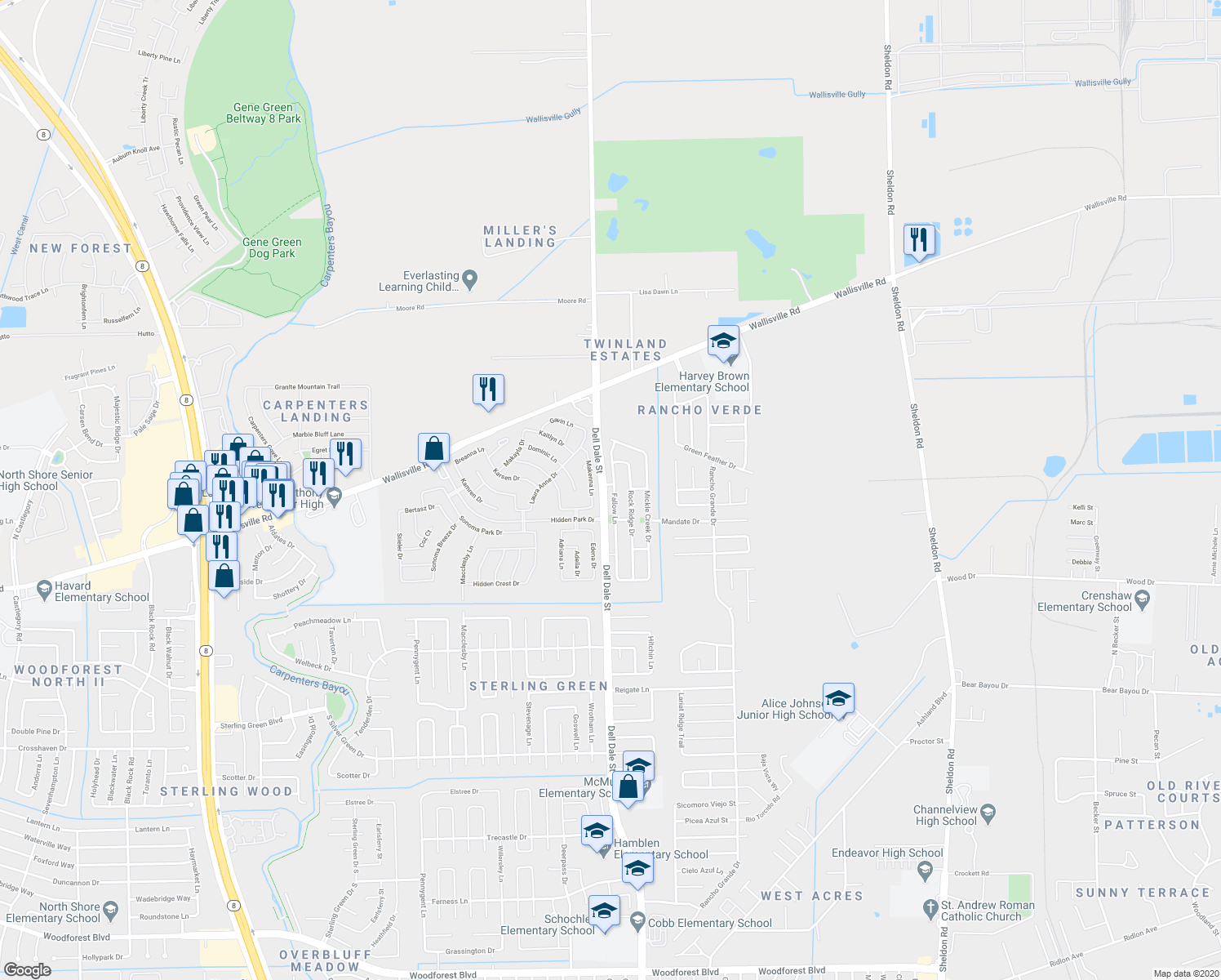 map of restaurants, bars, coffee shops, grocery stores, and more near 1943 Fallow Lane in Houston