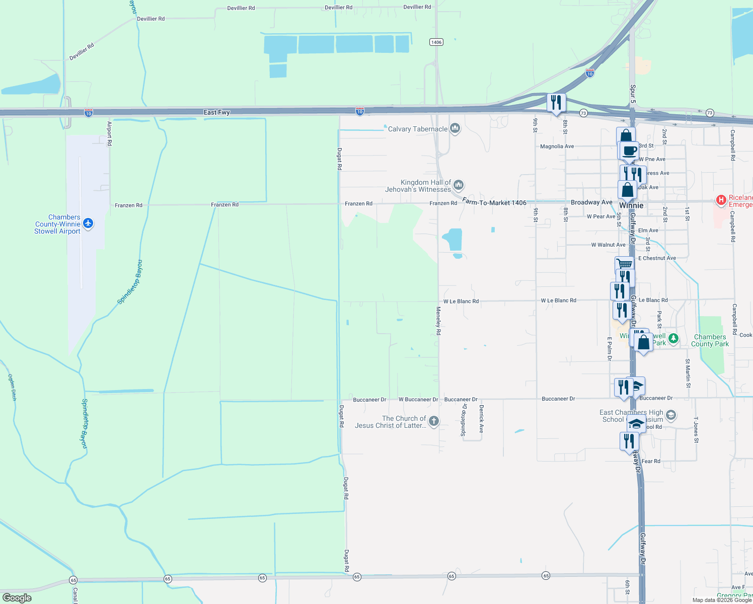 map of restaurants, bars, coffee shops, grocery stores, and more near 1309 Le Blanc Rd in Winnie