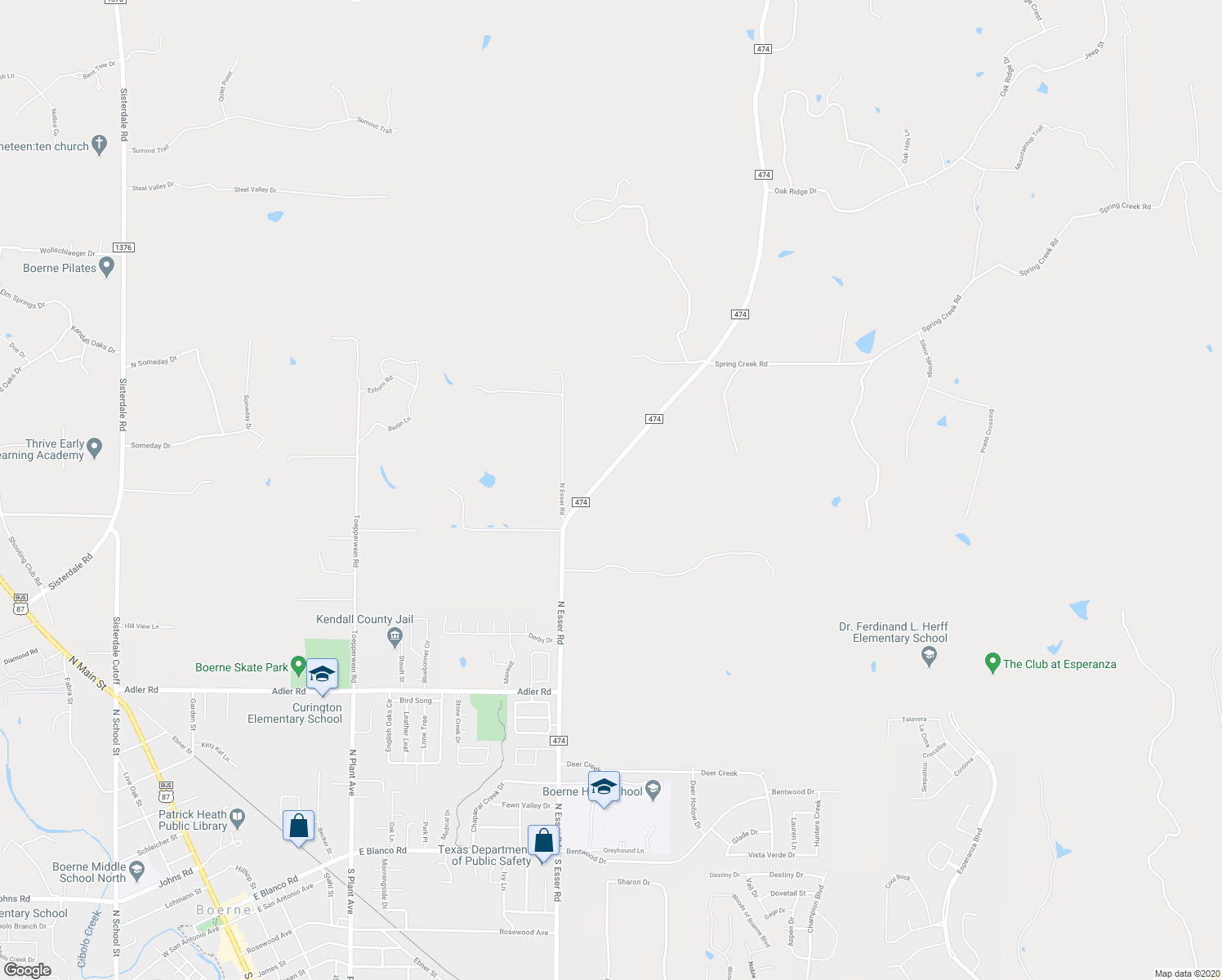 map of restaurants, bars, coffee shops, grocery stores, and more near 33 Farm to Market Road 474 in Boerne