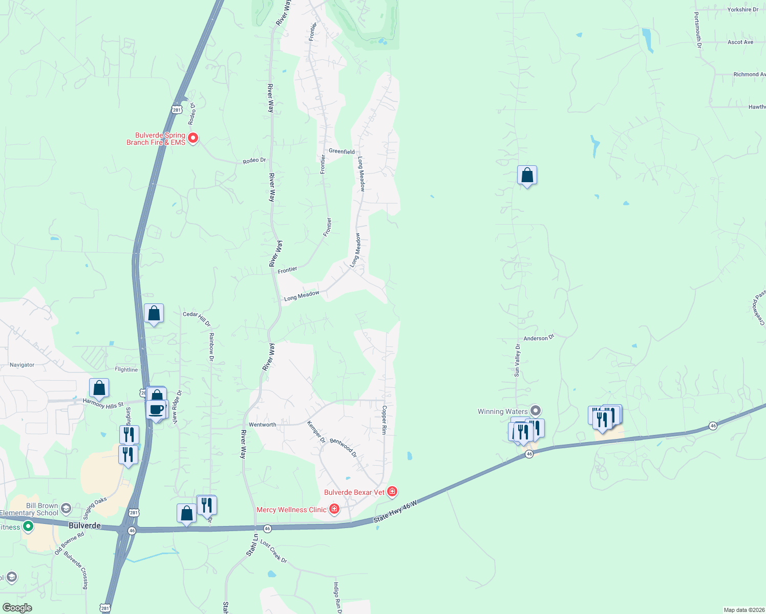 map of restaurants, bars, coffee shops, grocery stores, and more near 250 Misty Brook in Spring Branch